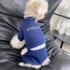 Small dog wearing a blue 'ESSENTIALS' outfit sitting on a dark surface.