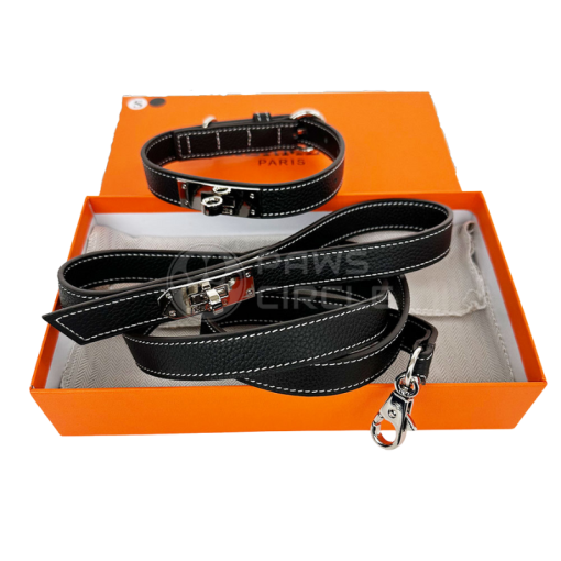 Hermes Kelly Black Dog Collar & Leash