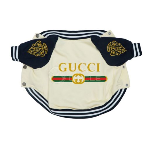 Dog outfit with Gucci logo on a white background