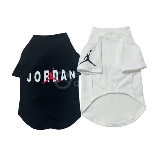 Black t-shirt with Jordan logo and white shorts on a white background