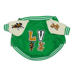 Green pet jersey with 'LV' and logos on a white background