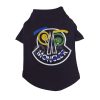 Black moncler pet shirt with colorful graphic design on a white background