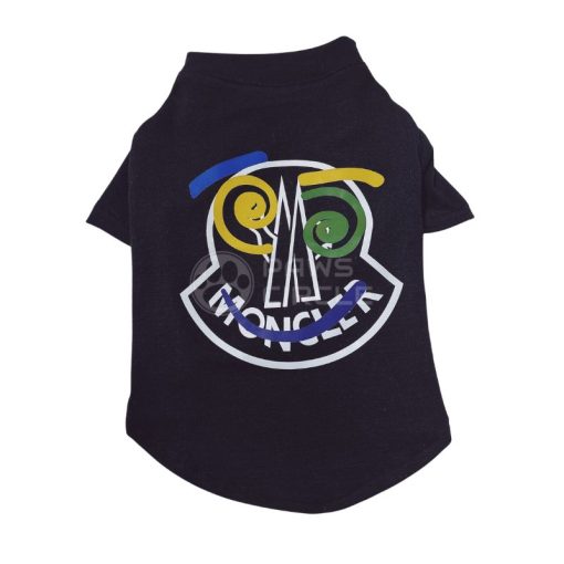 Black moncler pet shirt with colorful graphic design on a white background