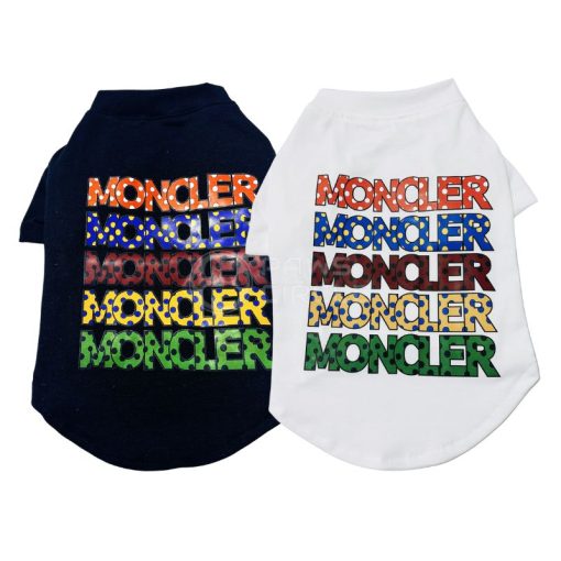 Moncler dog shirts with colorful 'Moncler' branding on a white background