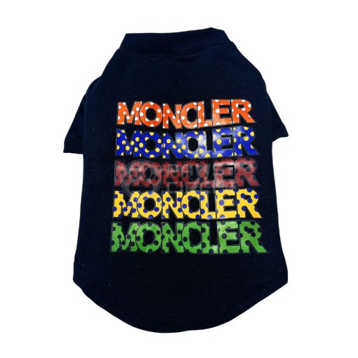 Black Moncler pet shirt with colorful 'Moncler' text on a white background