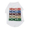 White pet shirt with colorful 'Moncler' text on a white background