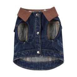 Denim dog vest with brown collar on a white background