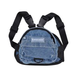 Blue denim-style bag with black straps on a white background