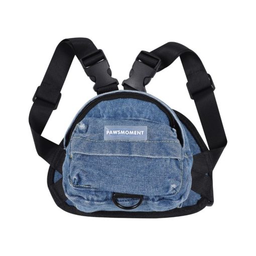 Blue denim-style bag with black straps on a white background
