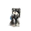Stuffed dog toy with a backpack on a white background