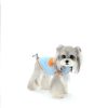 Small dog wearing a light blue jacket with orange accents on a white background