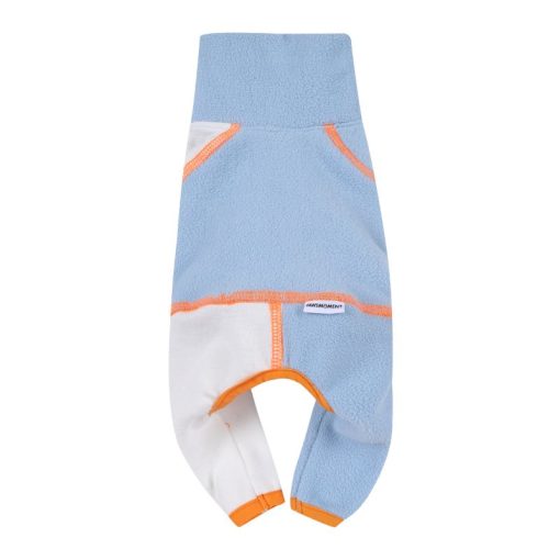 Light blue dog fleece sweatsuit with orange trim on a white background