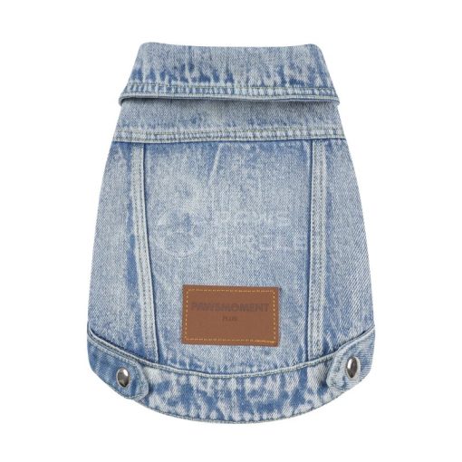 Denim dog coat with a brown patch on a white background