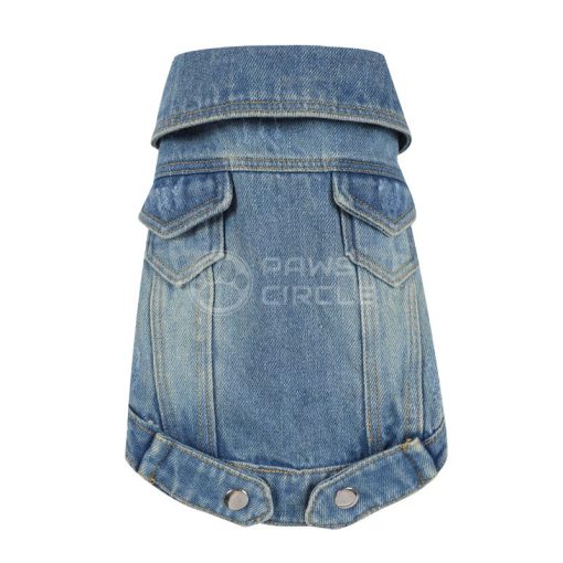 Blue denim dog coat on a white background with 'Paws Circle' branding.