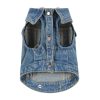 Denim dog vest with button details on a white background