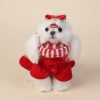 Small white dog wearing a red and white outfit with a bow on a beige background