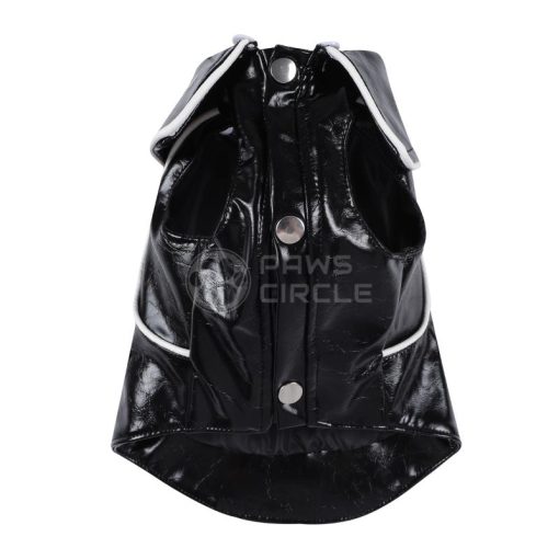 Black patent leather dog coat with white trim on a white background, branded 'Paws Circle'.