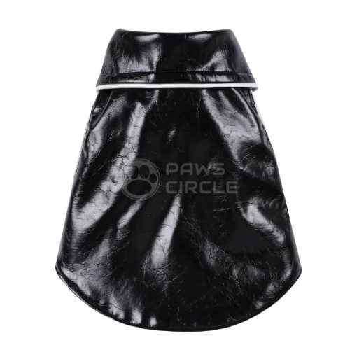 Black leather dog coat with 'Paws Circle' branding on a white background