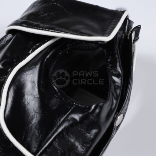 Black leather product with 'Paws Circle' logo on a white background