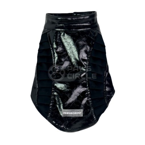 Black quilted dog coat with reflective material on a white background