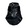 Black patent leather dog vest with a zipper on a white background