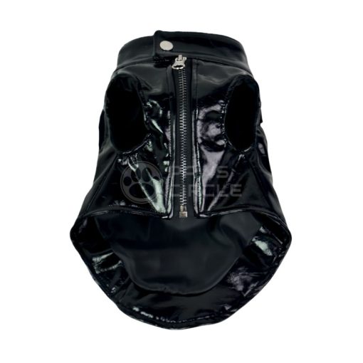 Black patent leather dog vest with a zipper on a white background