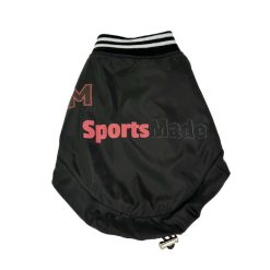 Black sports dog jacket with 'Sports Made' text on a white background