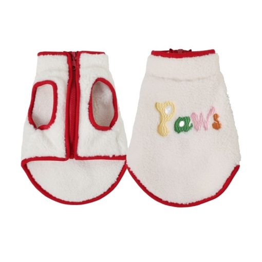 Pair of white pet vests with red trim and 'Paws' embroidery on a white background