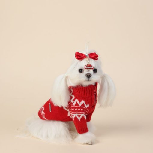 pet half zip red sweater with winter zig zag print