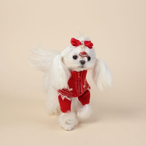 pet half zip red sweater with winter zig zag print