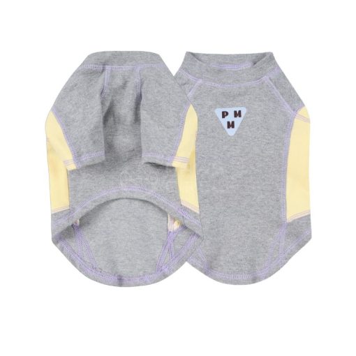 Gray pet shirt with yellow accents and a logo on a white background