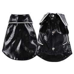 Black leather-style dog coat with buttons on a white background