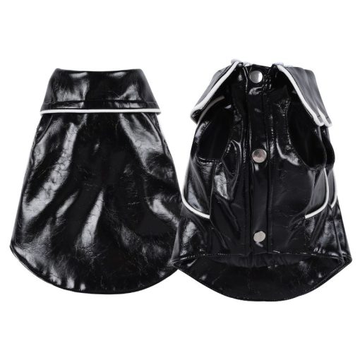 Black leather-style dog coat with buttons on a white background