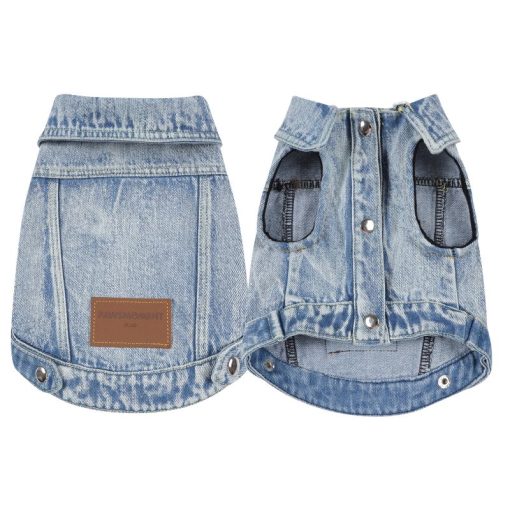 Denim dog coat with a brown patch on a white background