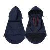 Navy blue dog coat with red zipper on a white background