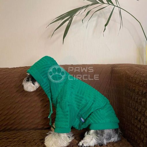 green dog hoodie with weave pattern