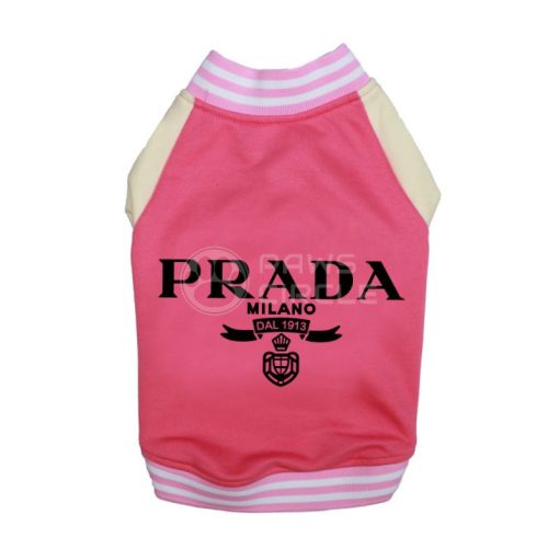 Pink dog sweater with 'Prada Milano' branding on a white background
