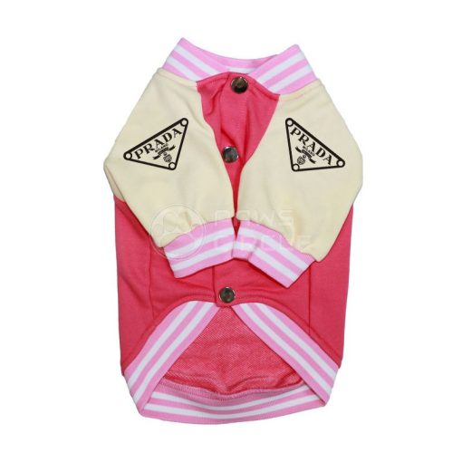 Pink and beige dog jacket with Prada logo on a white background