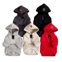 Set of five chrome hearts dog hoodies in gray, black, white, and red on a white background.