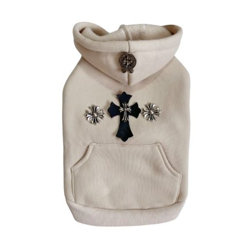 Beige Chrome Hearts dog hoodie with a black cross and silver accents on a white background