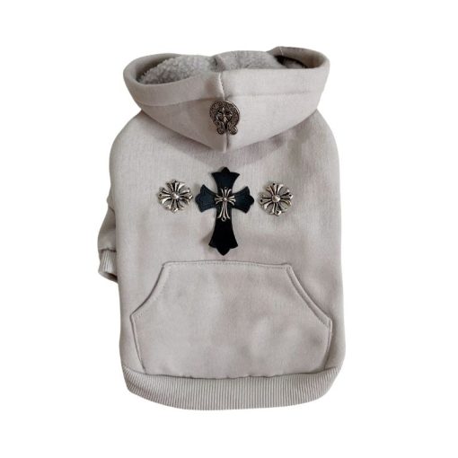 Gray Chrome Hearts dog hoodie with decorative cross and buttons on a white background