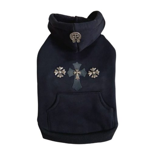 Black Chrome Hearts dog hoodie with decorative crosses on a white background