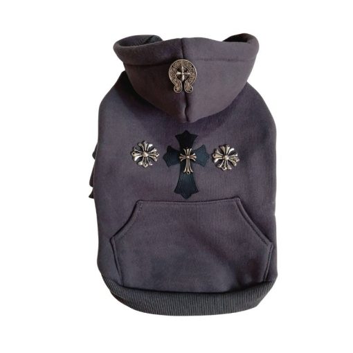 Dark gray Chrome Hearts dog hoodie with decorative crosses on a white background
