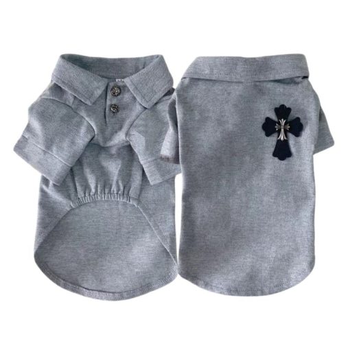 Gray dog chrome hearts polo shirt with a black cross design on a white background