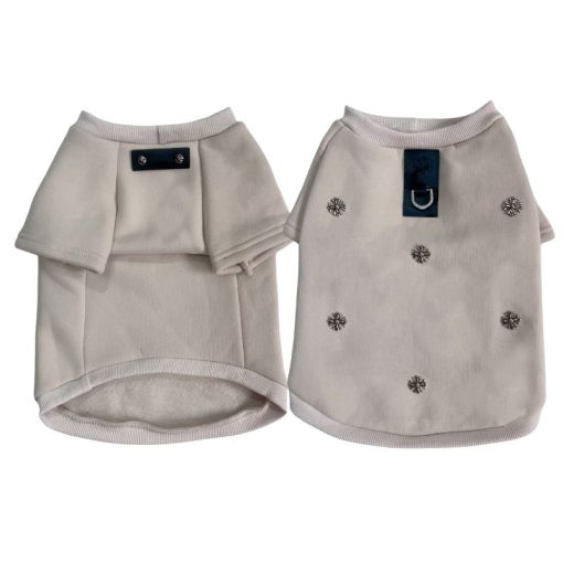 Two beige chrome hearts dog sweaters with decorative buttons on a white background