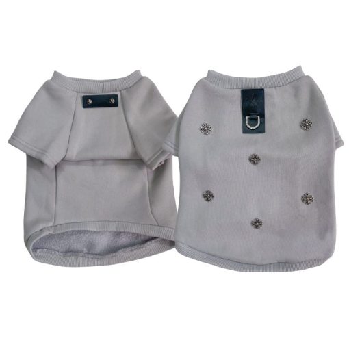 Two gray dog chrome heart sweaters with decorative cross on a white background