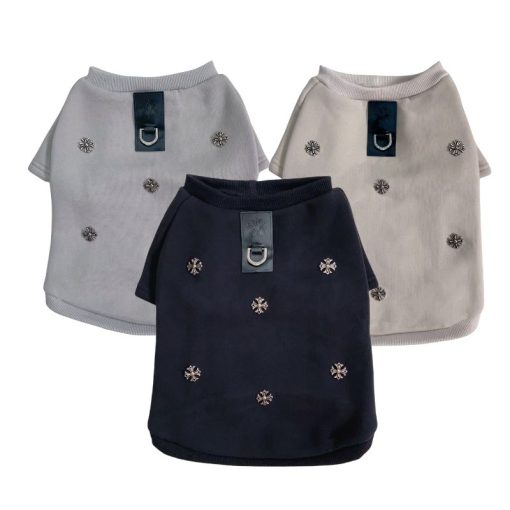 Three chrome hearts dog sweaters in black, gray, and beige with decorative elements on a white background
