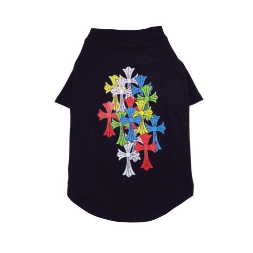 Black Chrome Hearts pet tee shirt with colorful cross design on a white background