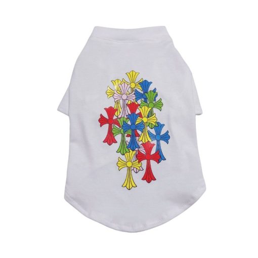 White Chrome Hearts dog tee shirt with colorful cross designs on a white background