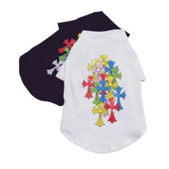 White pet shirt with colorful cross design on a white background